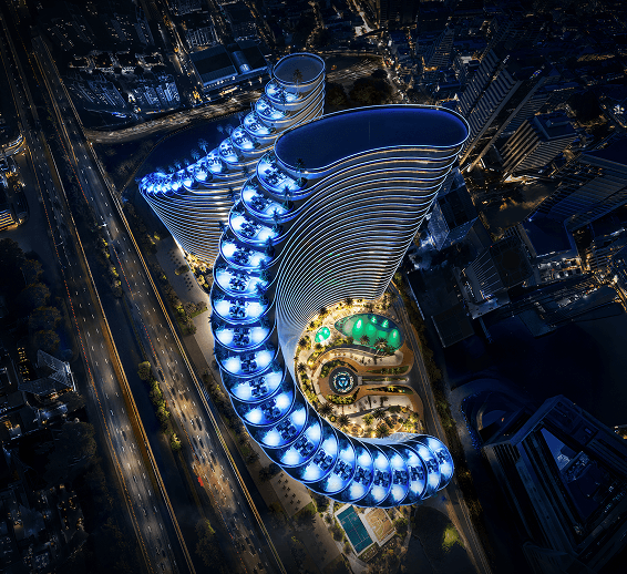 Binghatti SkyFlame skyline facade in Majan, Dubai