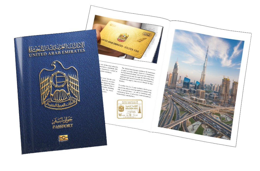 UAE passport and Golden Visa brochure with 10-year residency card and Dubai skyline