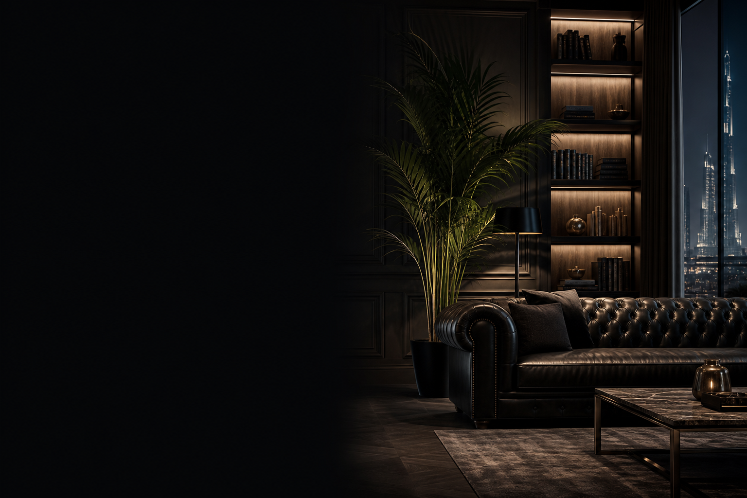 Luxury living room with leather sofa and ambient lighting